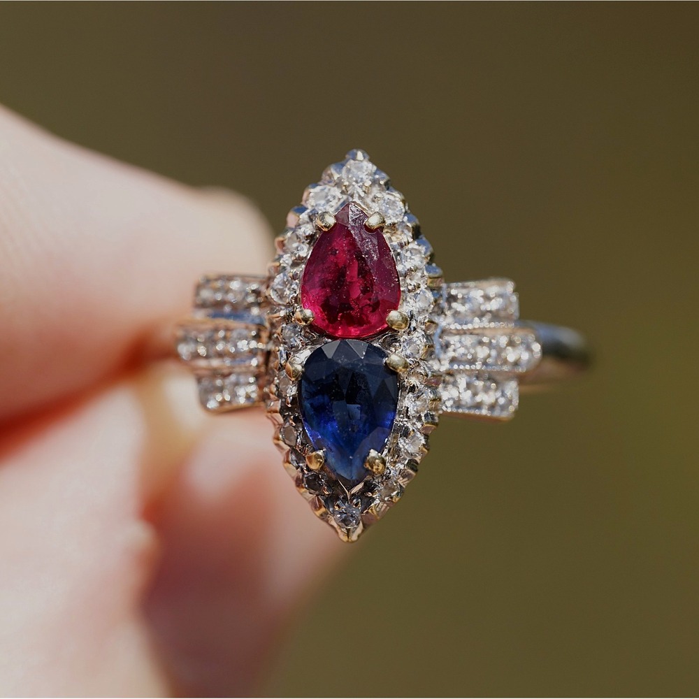Vintage 14k Solid Gold Natural Pear Ruby Sapphire & Round Diamond Ring - Size 5